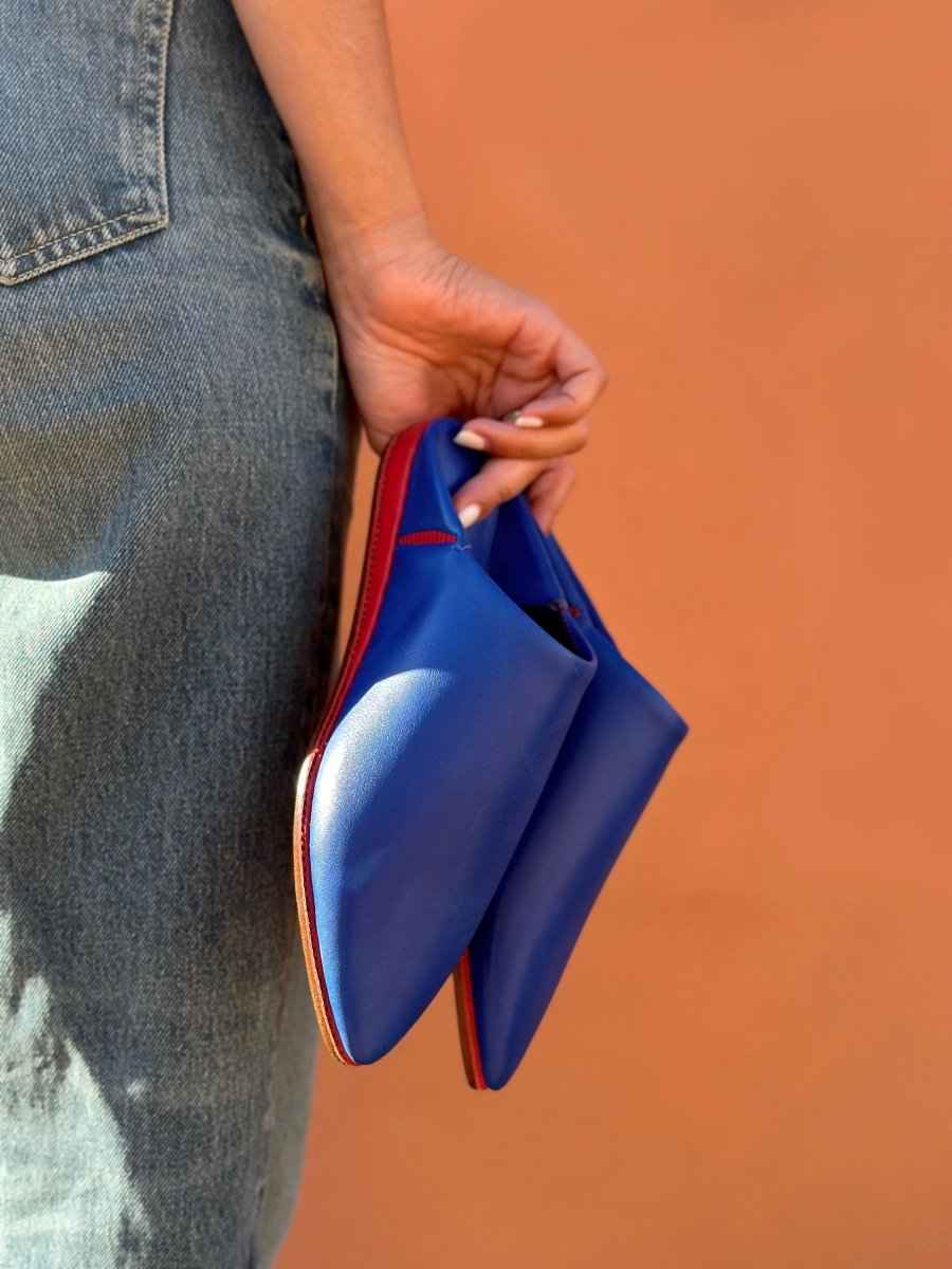 babouche belgha bleu majorelle, medina marrakech marocaine homme, fait main cuir de luxe personnalisée, artisanat zellige amazigh berbère contemporain, collection atlas, semelle rouge