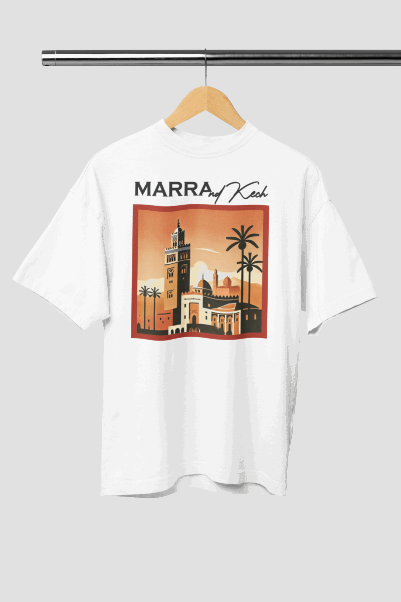t-shirt marrakech medina amazigh blanc, avec image koutoubia
